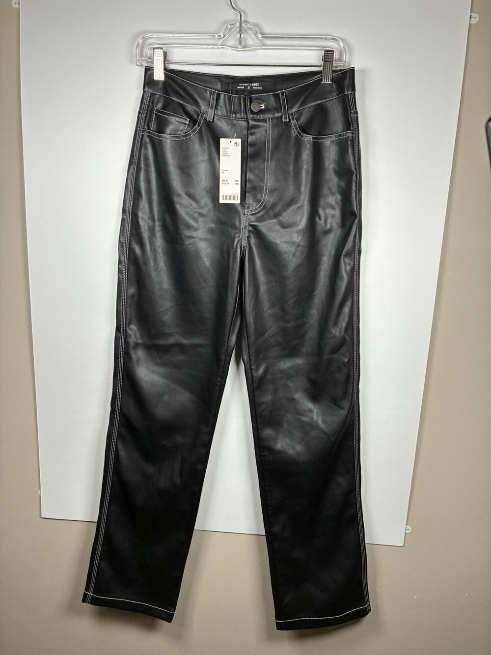 Silence + Noise 27 NWT Black Faux Leather Pants Contrast Stitch Straight Y2K - Picture 1 of 7